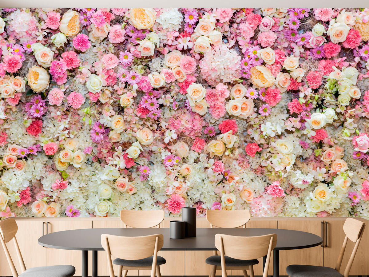 FOTOTAPETE für Schlafzimmer Rosen Pfingstrosen Blumenvielfalt Boho 450x315 - Beige/Gelb, Papier (450/315cm) - Muralo