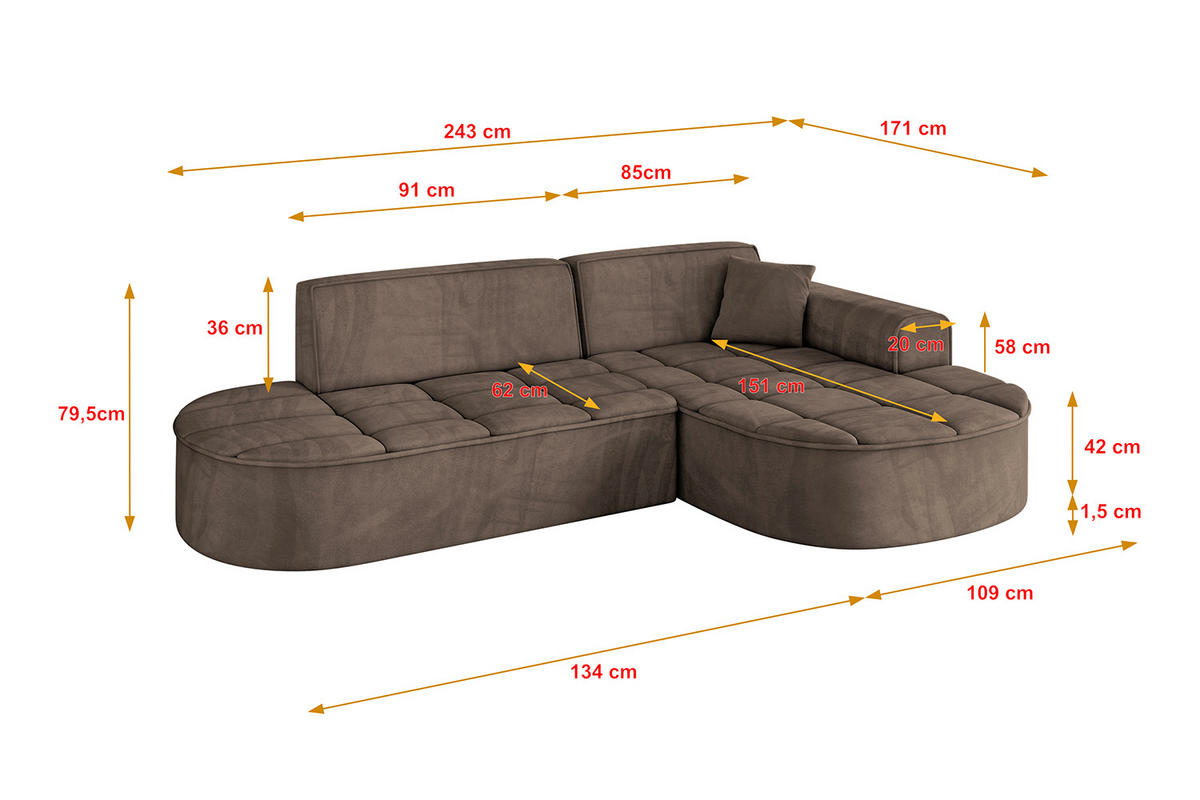 ECKSOFA Ottomane Rechts TARO-L1 - 243x171x79,5 cm Braun - Braun, Holzwerkstoff/Textil (243/171cm) - ALTDECOR
