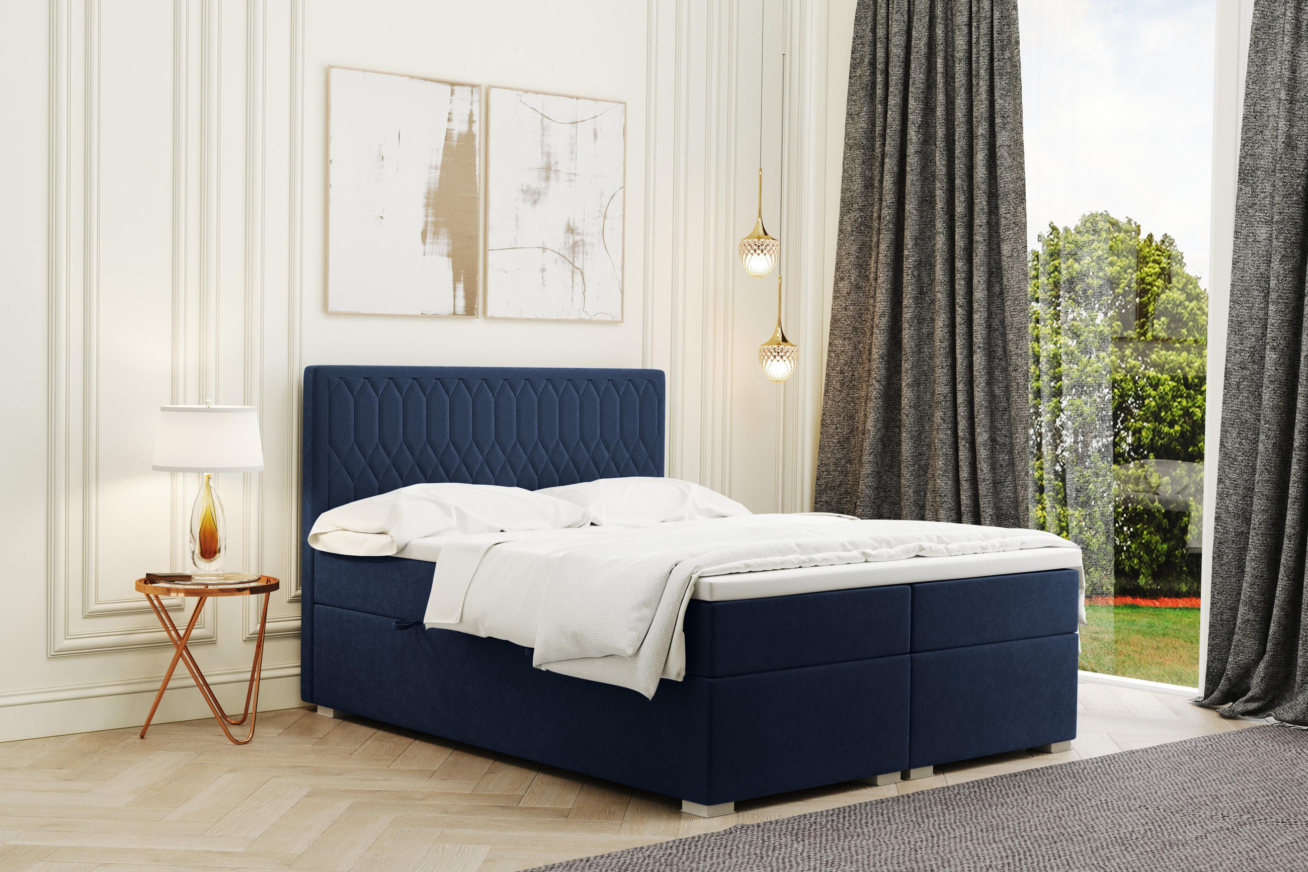 BOXBETT Mit Bettkasten Matratze Topper RIMINI Stoff Riviera Blau 140x200 cm H2-Pocket - Blau, Holz/Textil (140/200cm) - Kaiser Möbel