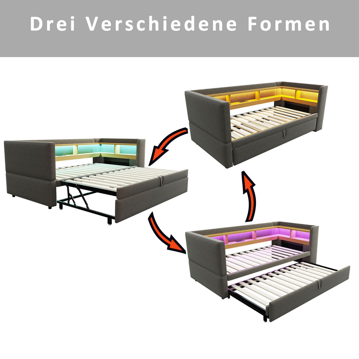 POLSTERBETT 90/190 cm und 180/190 cm Dunkelgrau mit LED-Beleuchtung und Steckdose - Dunkelgrau, Textil (90/190cm) - OKWISH