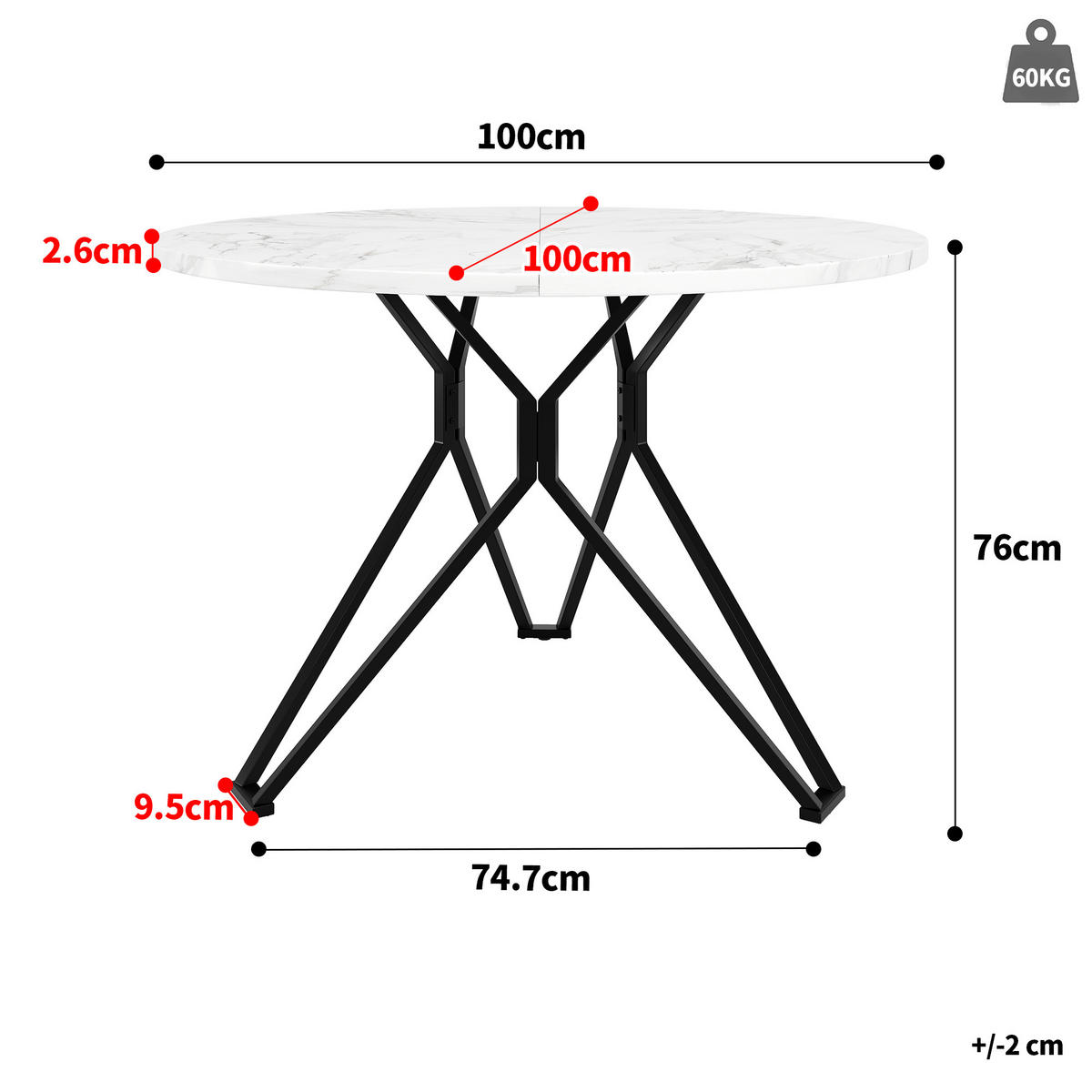 ESSTISCH 100/100/76 cm Schwarz runder Tisch mit MDF-Tischplatte in Marmoroptik und Metallgestell - Schwarz, Holzwerkstoff (100/100/76cm) - OKWISH