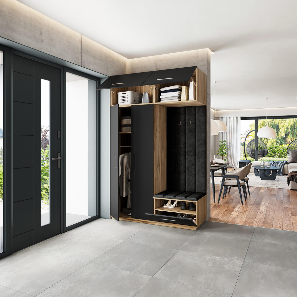 GARDEROBENSCHRANK REMA 150/240/60 cm Modern Eiche Wotan - Eiche Wotan/Schwarz, Holzwerkstoff (150/240/60cm) - MASSENO