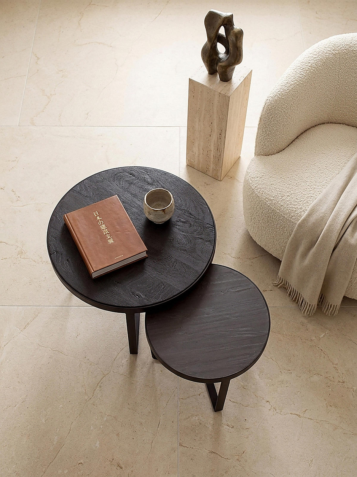 COUCHTISCH Set – 2-teilig Rund Akazie Massivholz Steinoptik Metall Schwarz Anthrazit - Schwarz, Holz/Metall (60/60/40cm) - KADIMA DESIGN
