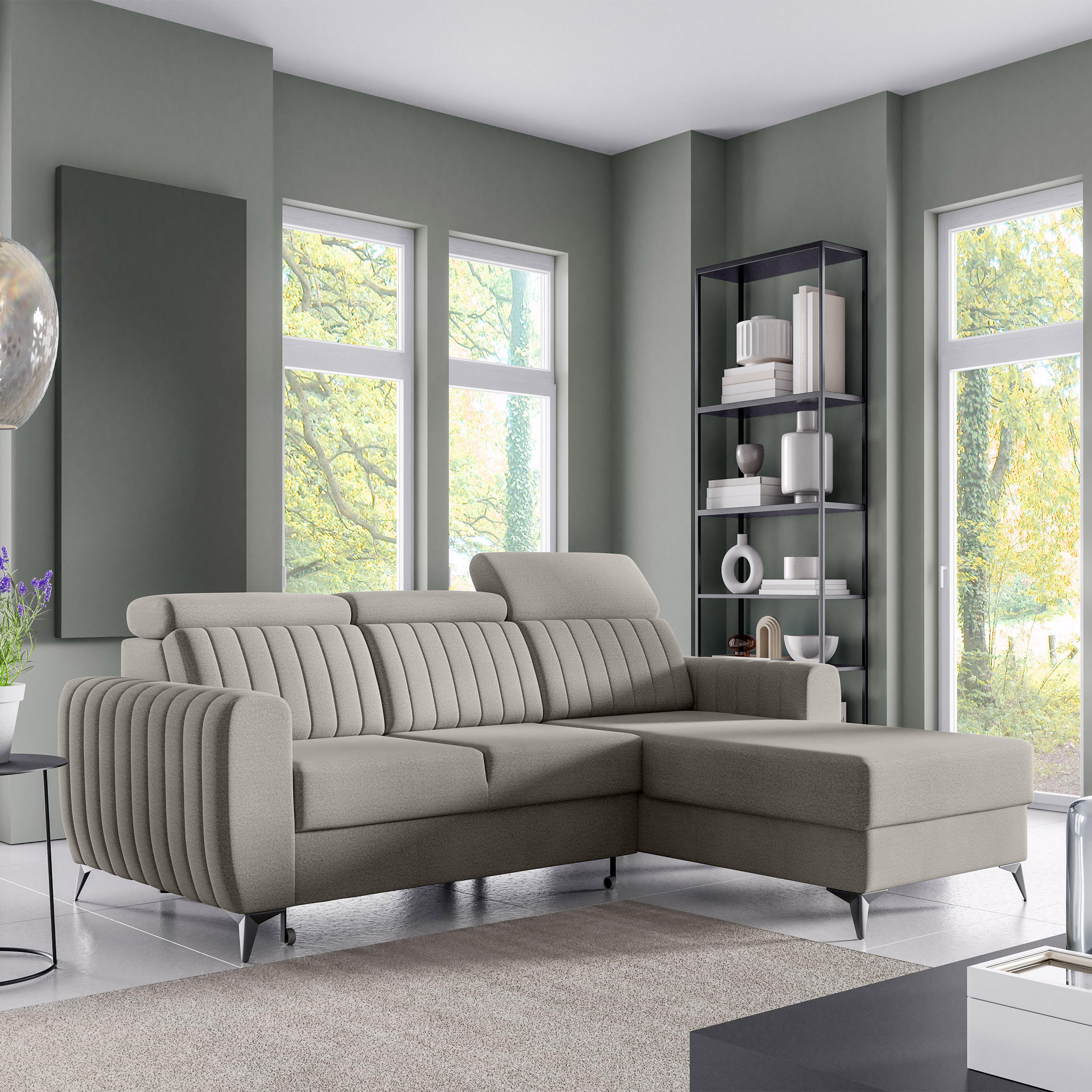 ECKSCHLAFSOFA Connor I verstellbare Kopfstützen, Dunkelbeige - Beige/Schwarz, Textil (238/176cm) - Beautysofa