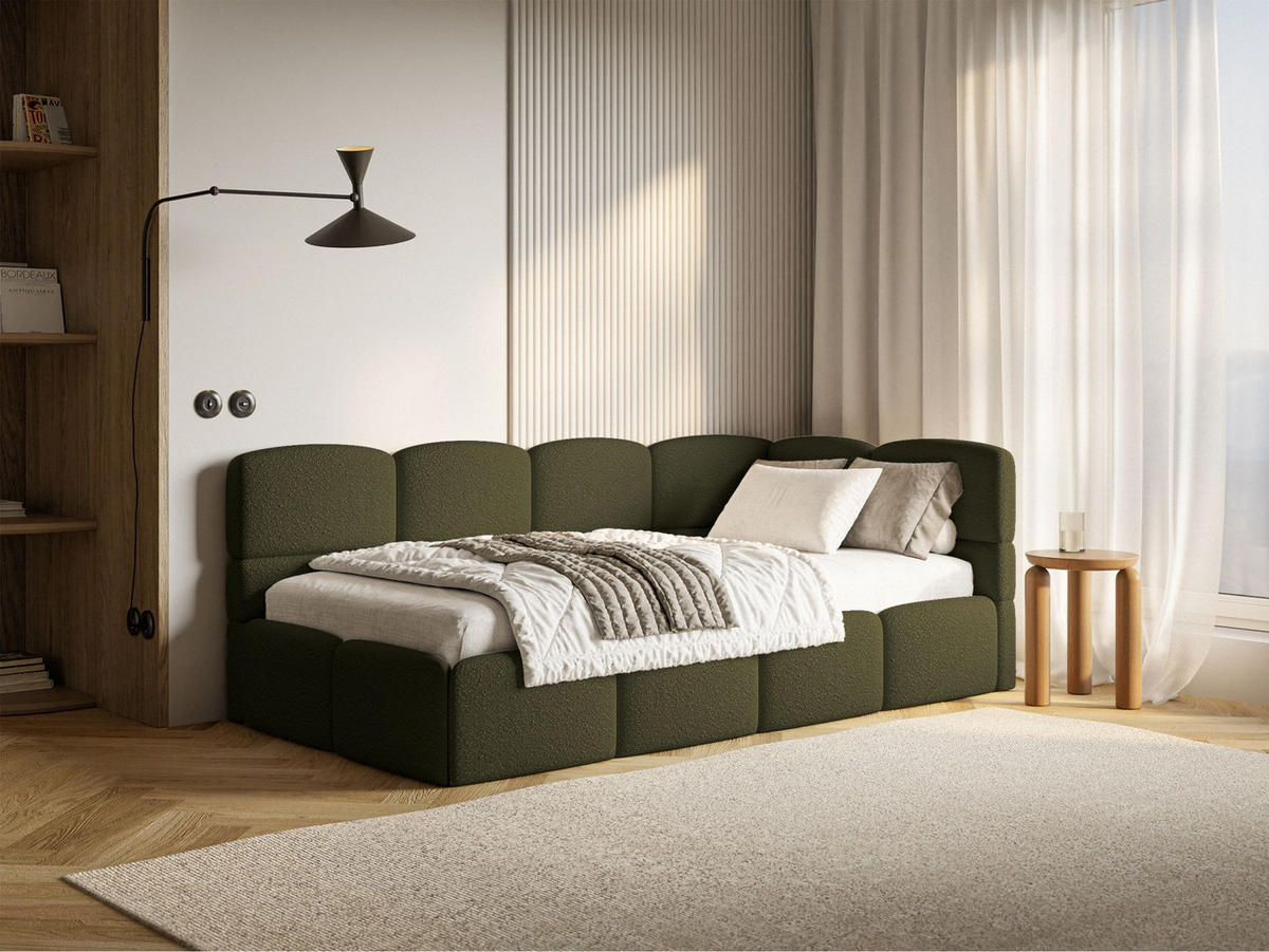 JUGENDBETT Cloudy rechts mit Matratze Bouclé Olivgrün - Olivgrün, Kunststoff/Textil (90/200cm) - Selsey