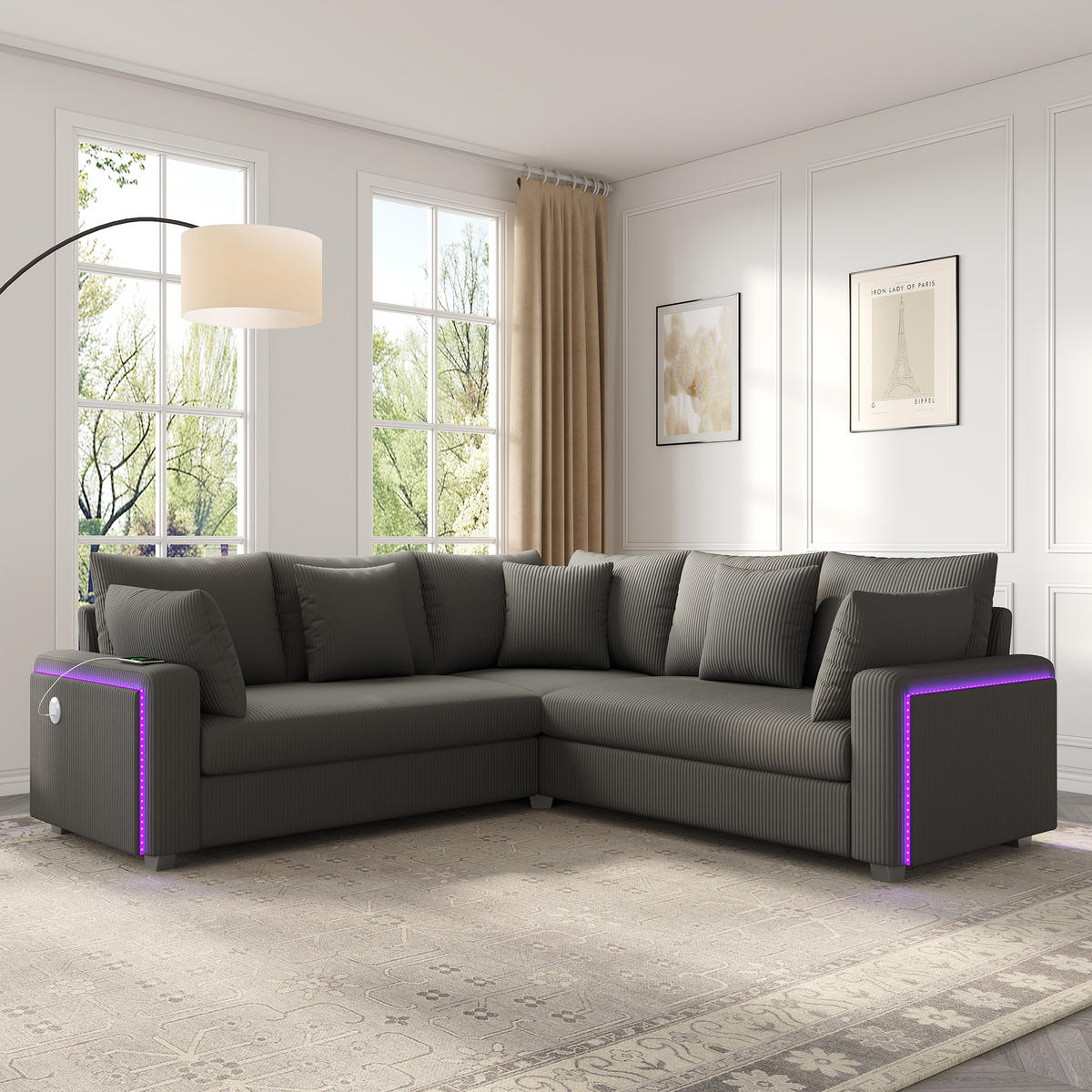 ECKSOFA 198/198/83 cm Grau mit LED‑Ambientebeleuchtung und USB‑Ladeanschluss - Grau, Holz/Textil (198/198cm) - Oxeza