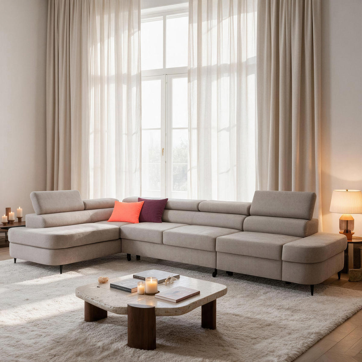 ECKSOFA PRIAM MAXI L-Form Links mit Schlaffunktion 125x195 Velours Beige - Beige/Schwarz, Holz/Textil (203/350cm) - Muffo