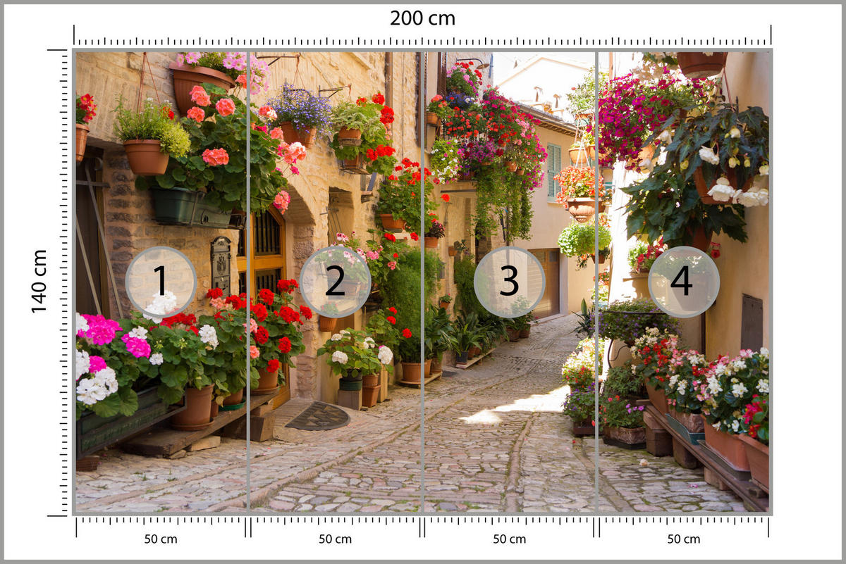 FOTOTAPETA Pre Obývaciu Izbu Talianska Kamenná Ulica Kvety Rastliny 200 x 140 cm - oranžová/hnedá, papier (200/140cm) - Muralo