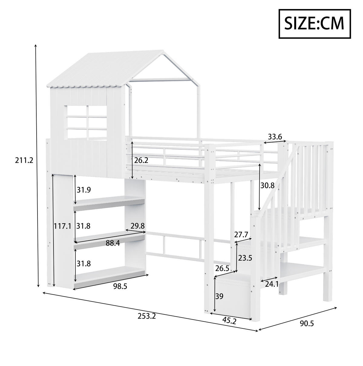 HOCHBETT aus Metall und MDF 90x200 cm Weiß mit Stauraumtreppe und Regal - Weiß, Holzwerkstoff (90/200cm) - IVMEU