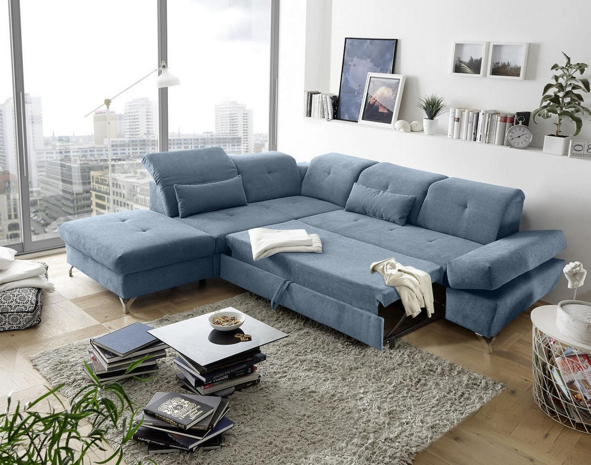 ECKSOFA mit Schlaffunktion und verstellbaren Kopflehnen - Chromfarben/Blau, Textil/Metall (275/245cm) - ed exciting design
