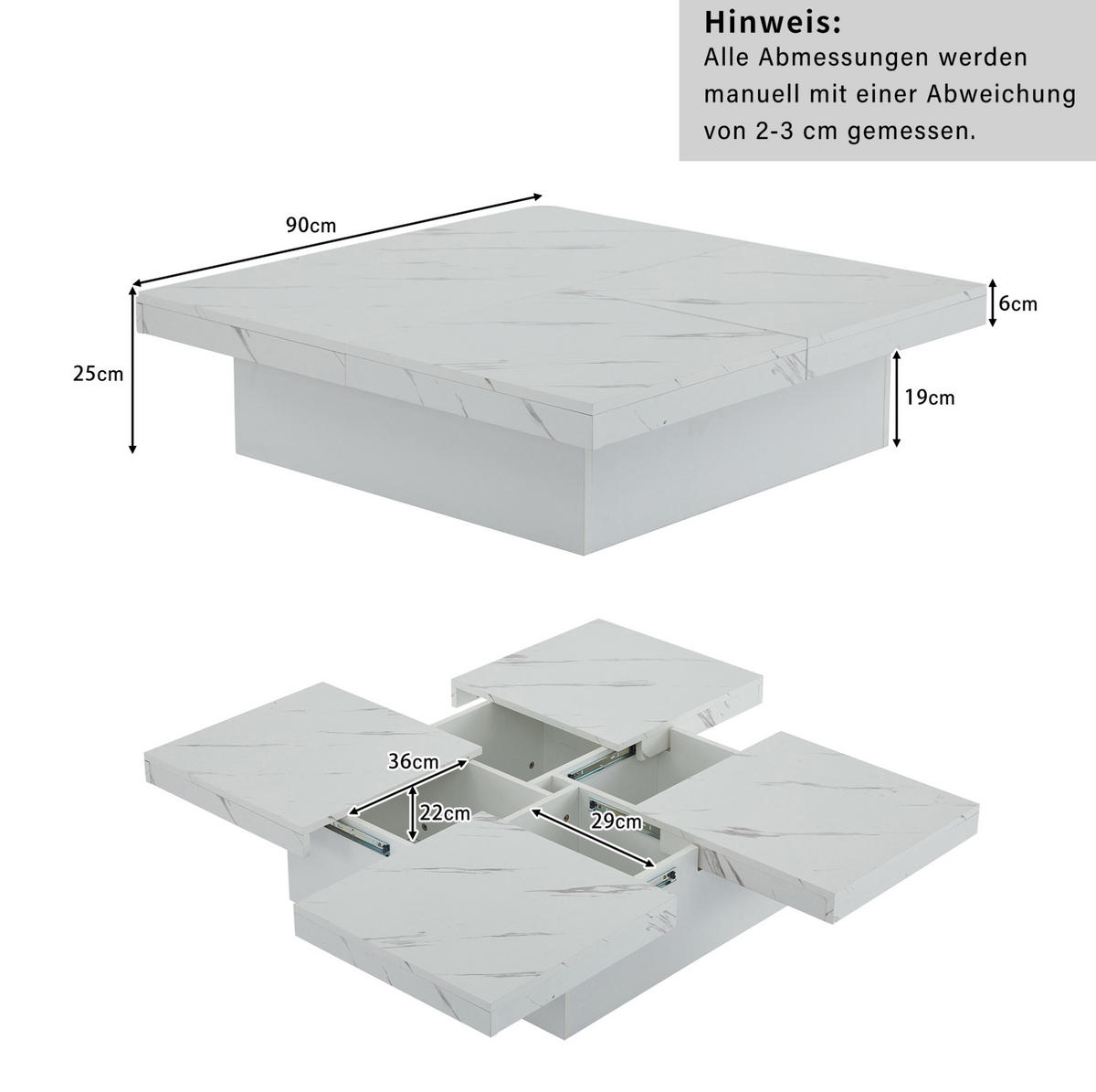 COUCHTISCH aus Spanplatte 90x90x25 cm Weiß mit 4 Schubladen und verschiebbarer Tischplatte - Weiß, Holzwerkstoff (90/90/25cm) - IVMEU
