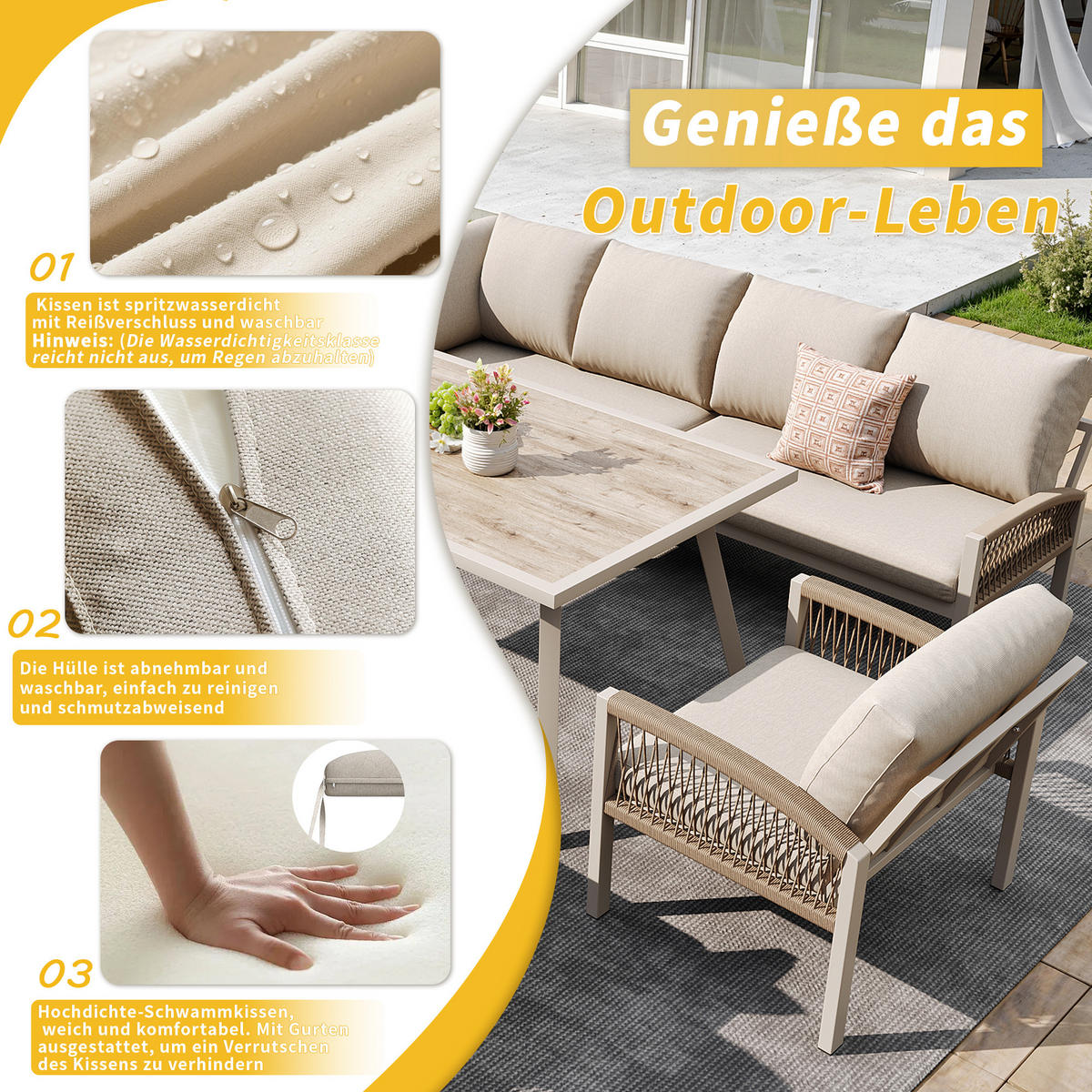 GARTENSET L-Form 8 Personen Beige Inkl. Tisch & 2 Sesseln - Beige, Metall - FLIEKS