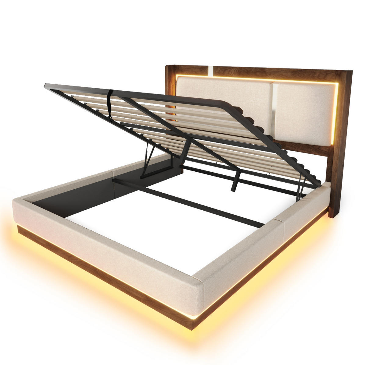 POLSTERBETT 140/190 cm aus Leinen und Holz mit LED und Bettkasten Beige - Beige, Textil (140/190cm) - Modenvie
