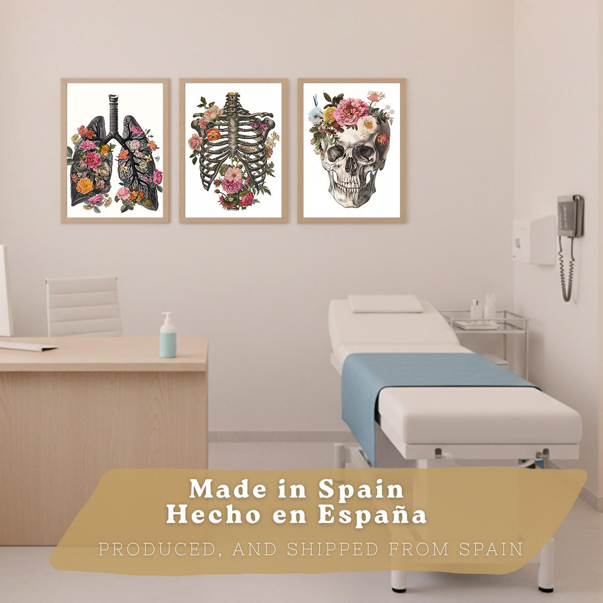 POSTER Set aus 3 Anatomie Mensch Drucke und mit Lungen Luftröhre Bronchien Rippen Wirbelsäule und Schädel Modernes Florales Leichter Holzrahmen A3 - Beige, Papier (29.7/42/3cm) - Nacnic