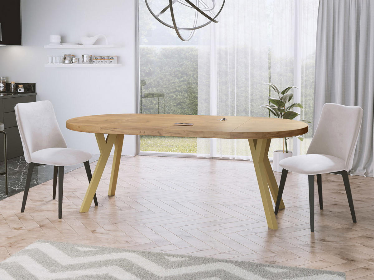 ESSTISCH Mateo runder ausziehbarer, Wotan Eiche 100-200/100/76 cm - Eiche Wotan/Goldfarben, Holz/Holzwerkstoff (100/200/76cm) - WFL GROUP