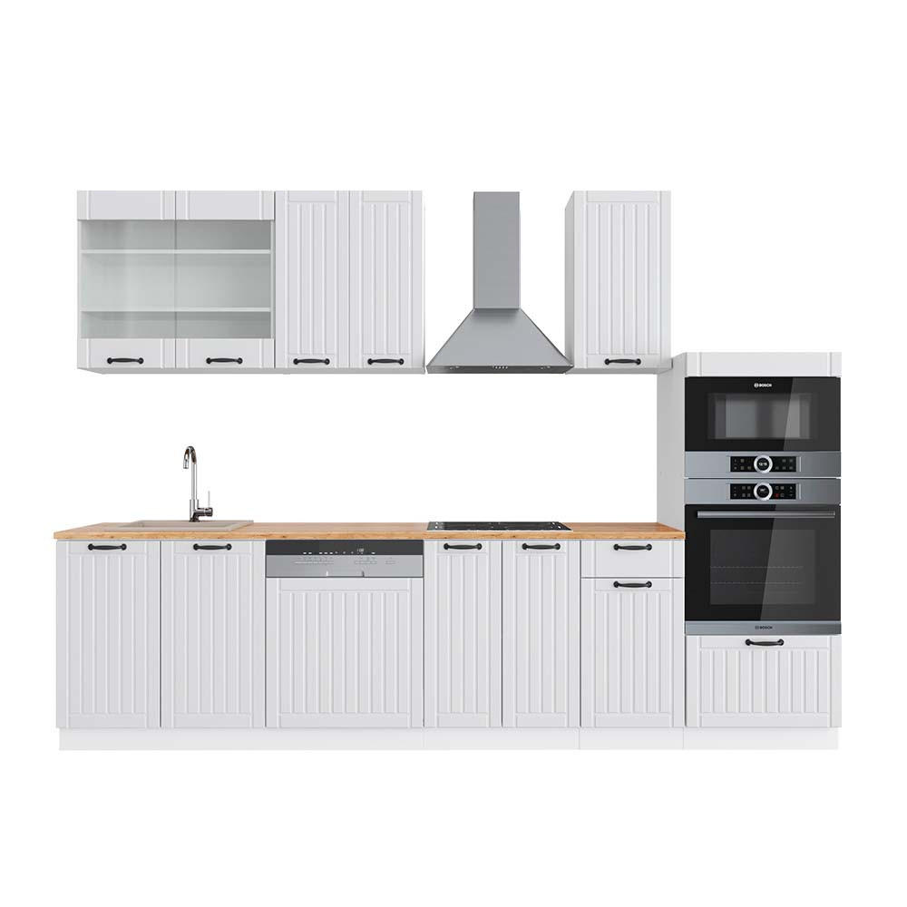 KÜCHENZEILE Fame-Line Weiß Landhaus/Weiß 300 cm mit Hochschrank AP Eiche - Creme/Weiß, Holzwerkstoff (300/81.6/60cm) - Vicco
