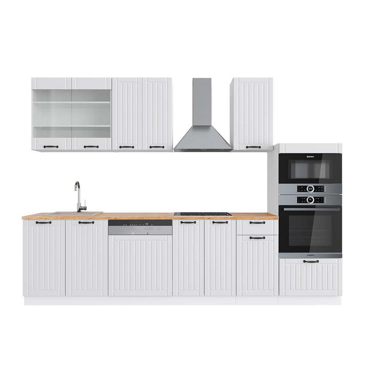 KÜCHENZEILE Fame-Line Weiß Landhaus/Weiß 300 cm mit Hochschrank AP Eiche - Creme/Weiß, Holzwerkstoff (300/81.6/60cm) - Vicco