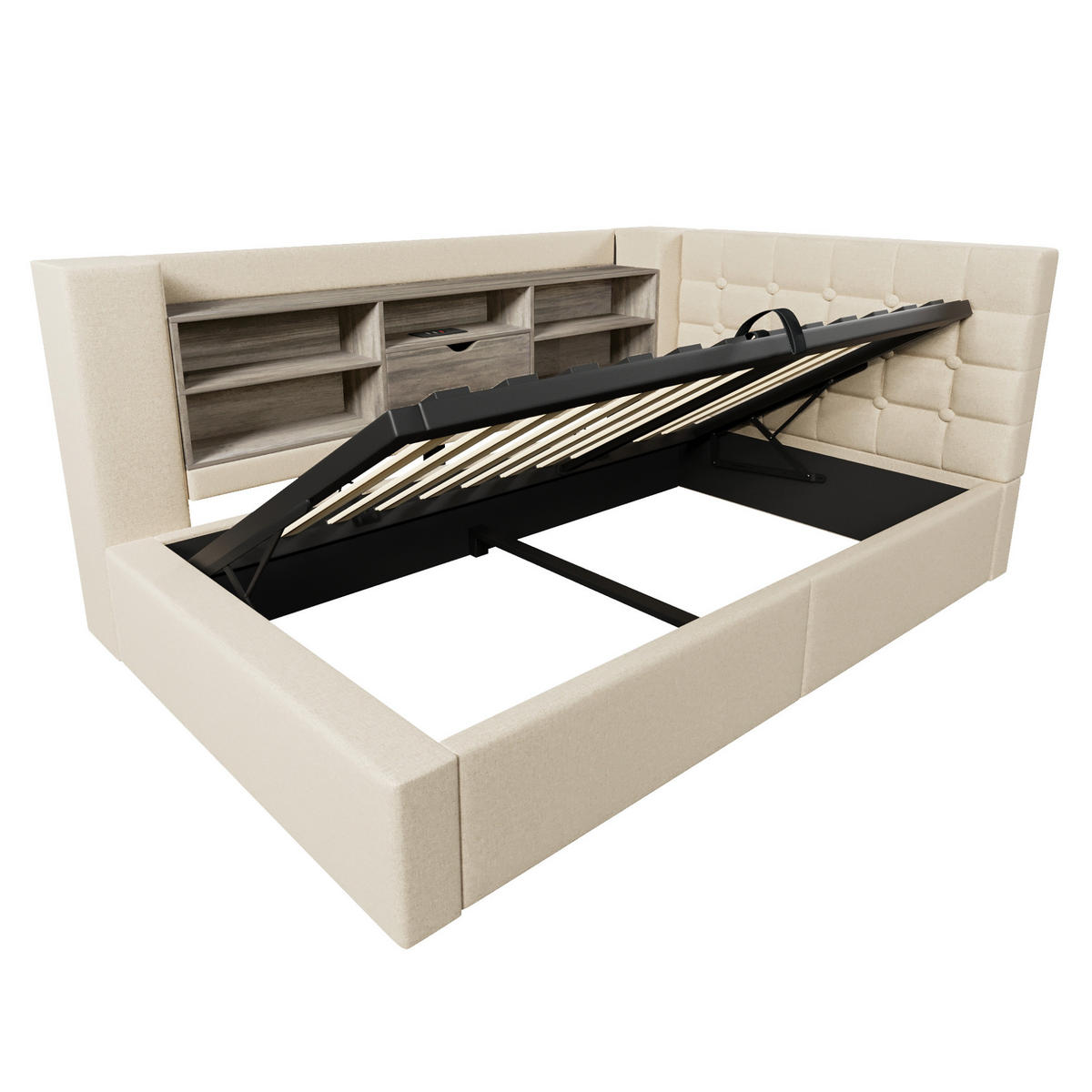 POLSTERBETT 90/190 cm Beige aus Leinen mit LED-Beleuchtung und Stauraum - Beige, Textil (90/190cm) - OKMYHOME
