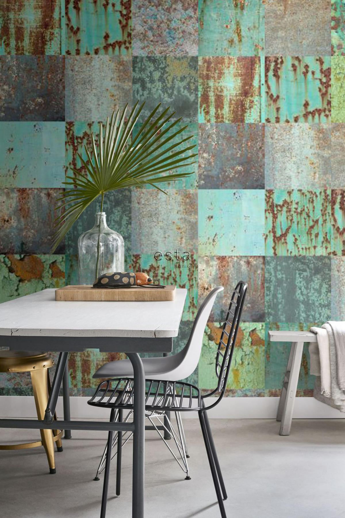 XXL-VLIESTAPETE Patchwork rostige verwitterte Metallplatten 50 x 900 cm - Grün, Papier (50/900cm) - ESTAhome