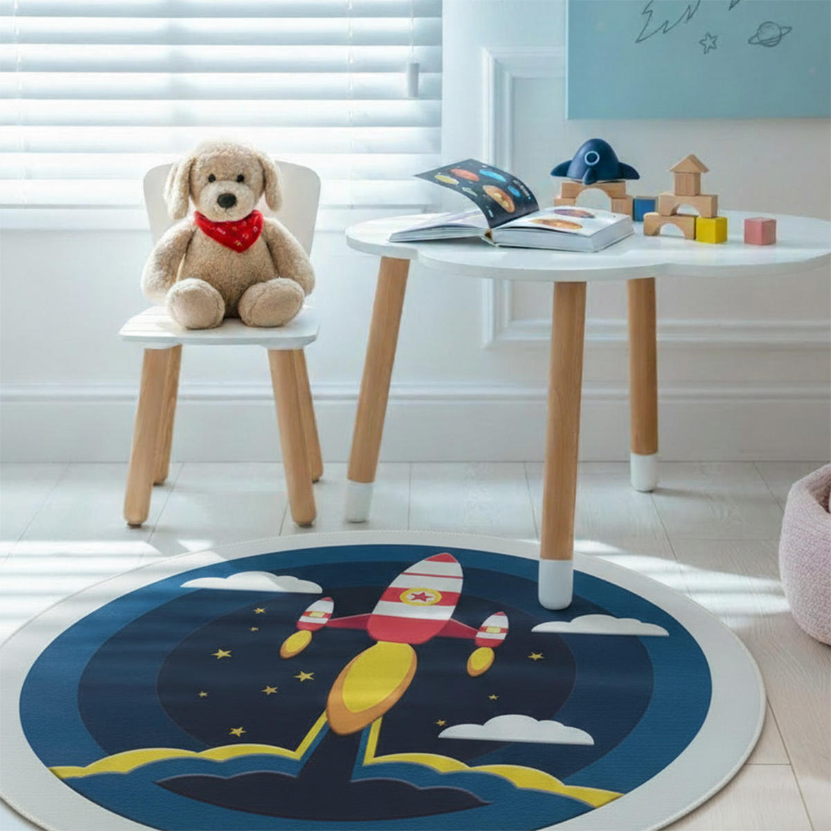 KINDERTEPPICH Bambini Satellite Mazovia Rund Ø100cm Weiß Marineblau Rakete Kurzflor - Weiß, Textil (100/100cm) - Mazovia