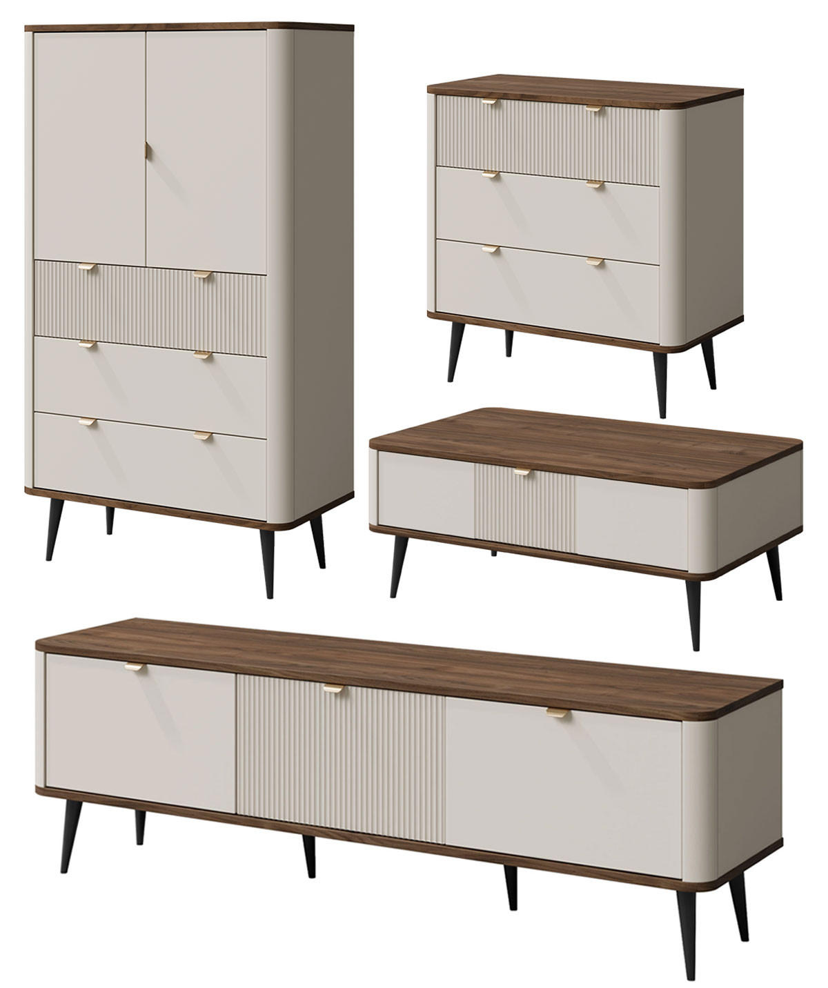 WOHNZIMMER-SET Marly 4-tlg Kaschmir / Walnuss - Kaschmir/Beige, Holz/Holzwerkstoff (440/163/60cm) - Feldmann-Wohnen