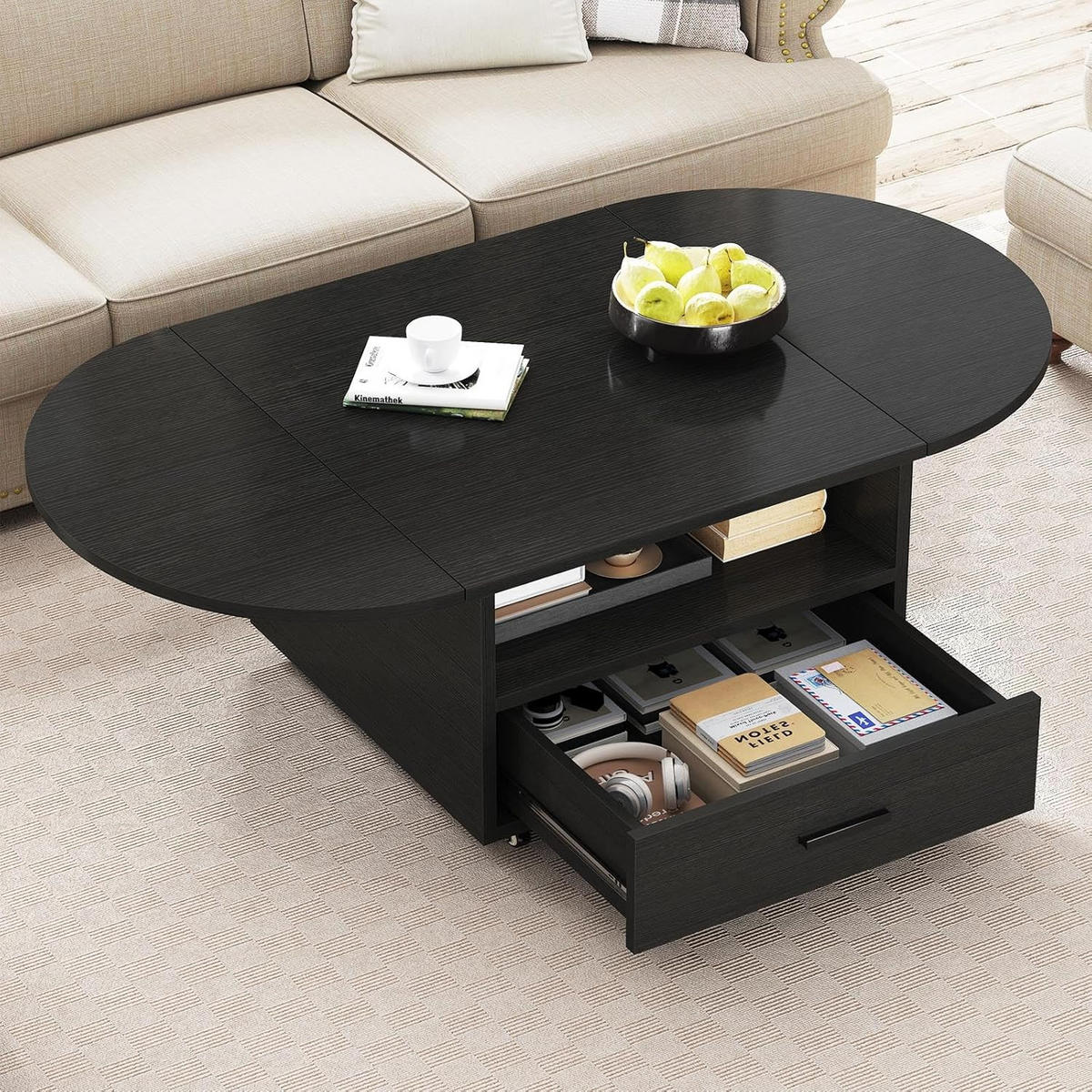 COUCHTISCH Wohnzimmertisch mit Stauraum 120 x 60 x 45 cm Klappplatte - Schwarz, Holzwerkstoff/Metall (120/120/45cm) - Quality Elegance