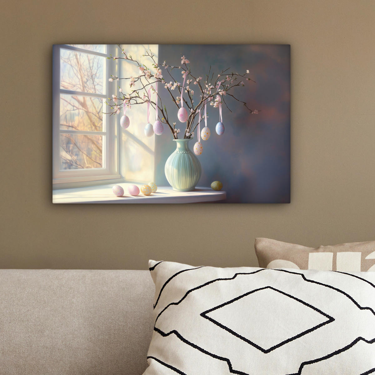 LEINWANDBILD Stillleben - Vase - Osterzweig Deko Schlafzimmer 30x20 cm - Hellblau, Textil (30/20cm) - MuchoWow