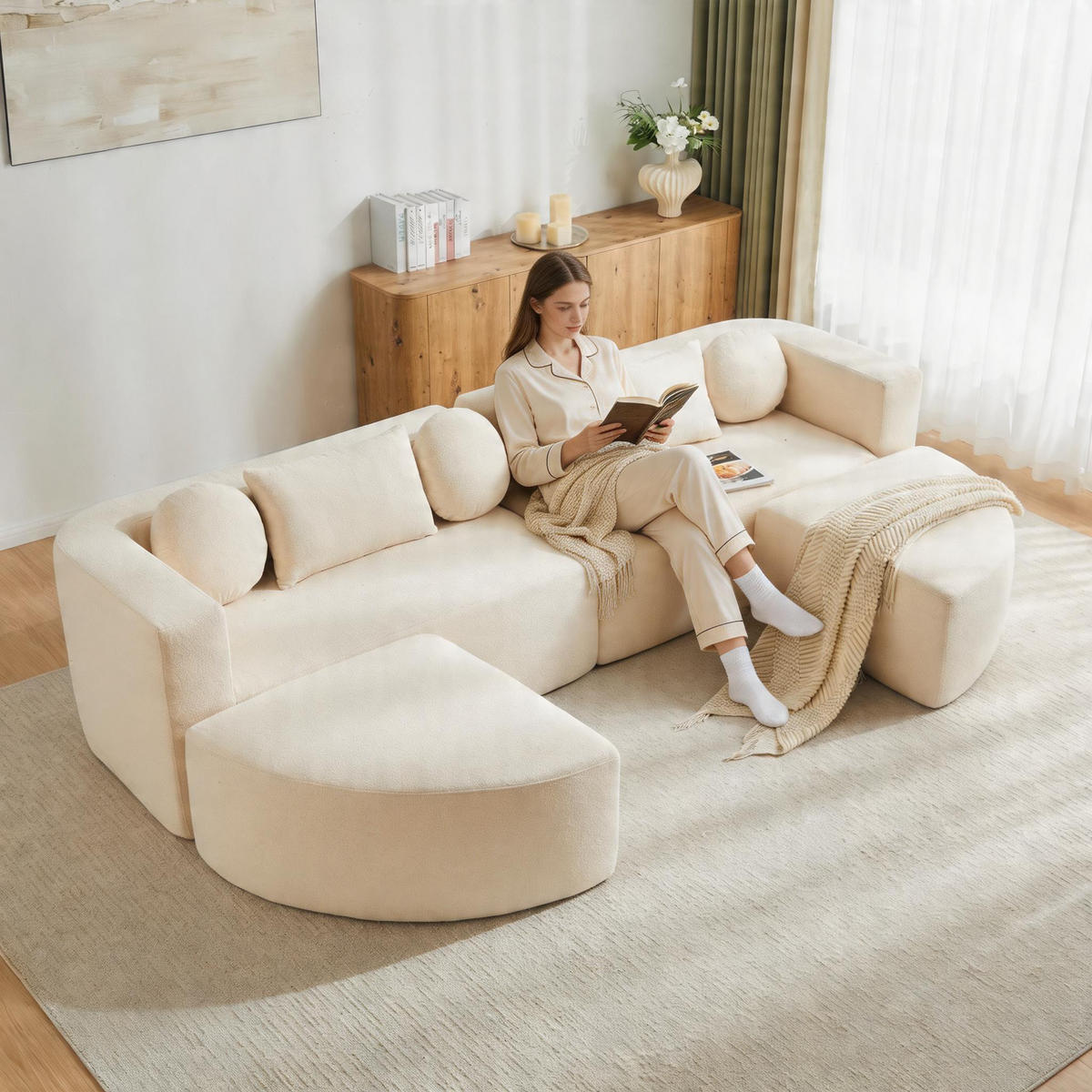 SCHLAFSOFA Beige Cloud Chenille modular 292cm Schlaffunktion - Beige, Textil (165/68/292cm) - FLIEKS