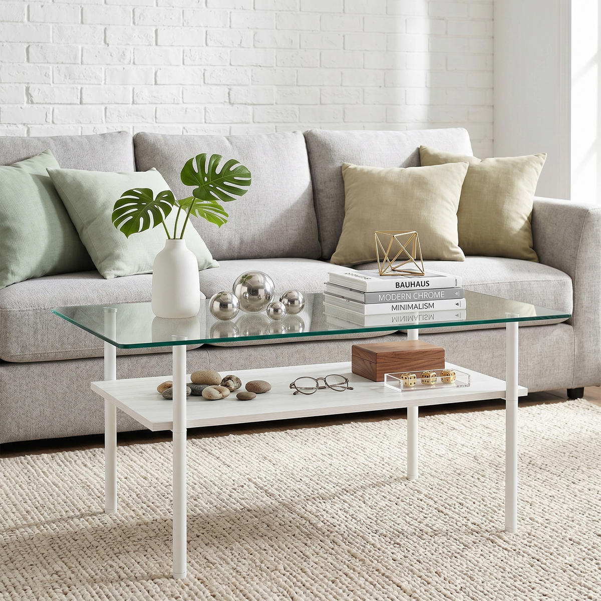 COUCHTISCH DE-37418 rechteckig mit Glasplatte und MDF-Ablage Weiß - Weiß, Metall (98/58/45cm) - ComfortXL