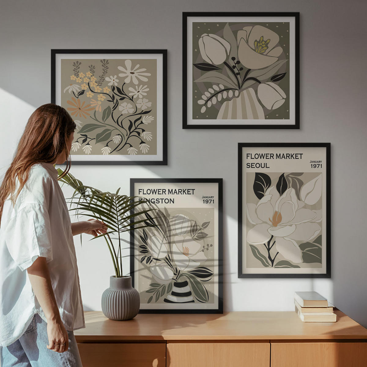 WANDBILDER 4er-Set - 50x50 cm & 40x60 cm Schwarzer Rahmen - Kingston Seoul Retro-Blumen - Schwarz, Kunststoff (50/50cm) - ArtPrintCave