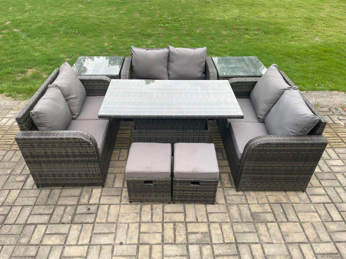 GARTENSOFA SET Polyrattan Dunkelgrau 8-Sitzer - Dunkelgrau, Metall - Fimous