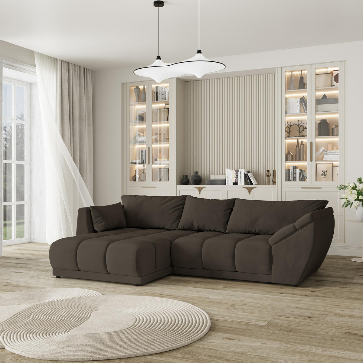 ECKSOFA ORENTI L-S Braun Velours-Stoff mit Schlaffunktion - Braun, Holz (287/182cm) - MASSENO