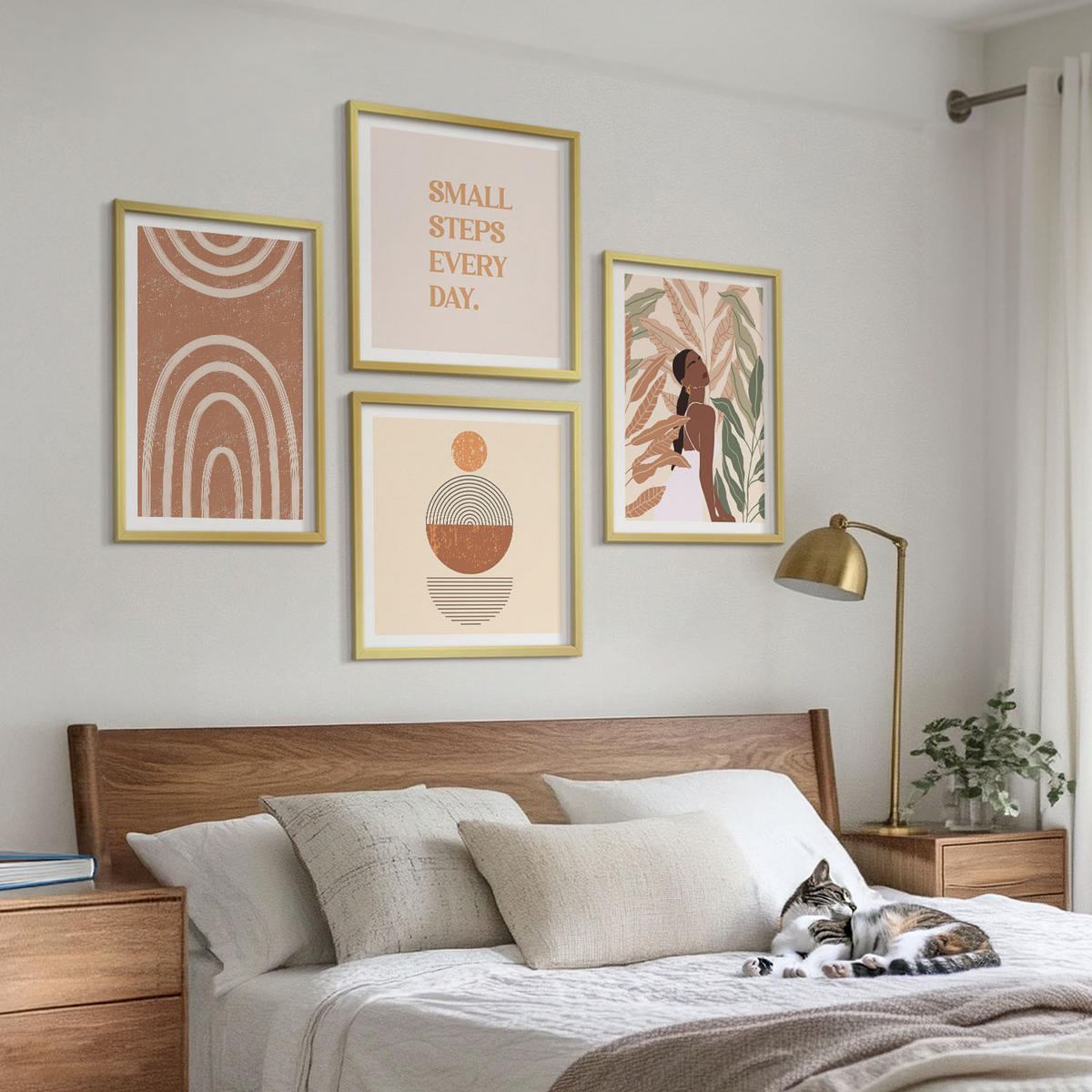 WANDBILDER 4er Set - 50x50 cm & 40x60 cm Goldrahmen - Stilvolle Pflanzenmuster und Geometrie - Goldfarben, Kunststoff (50/50cm) - ArtPrintCave