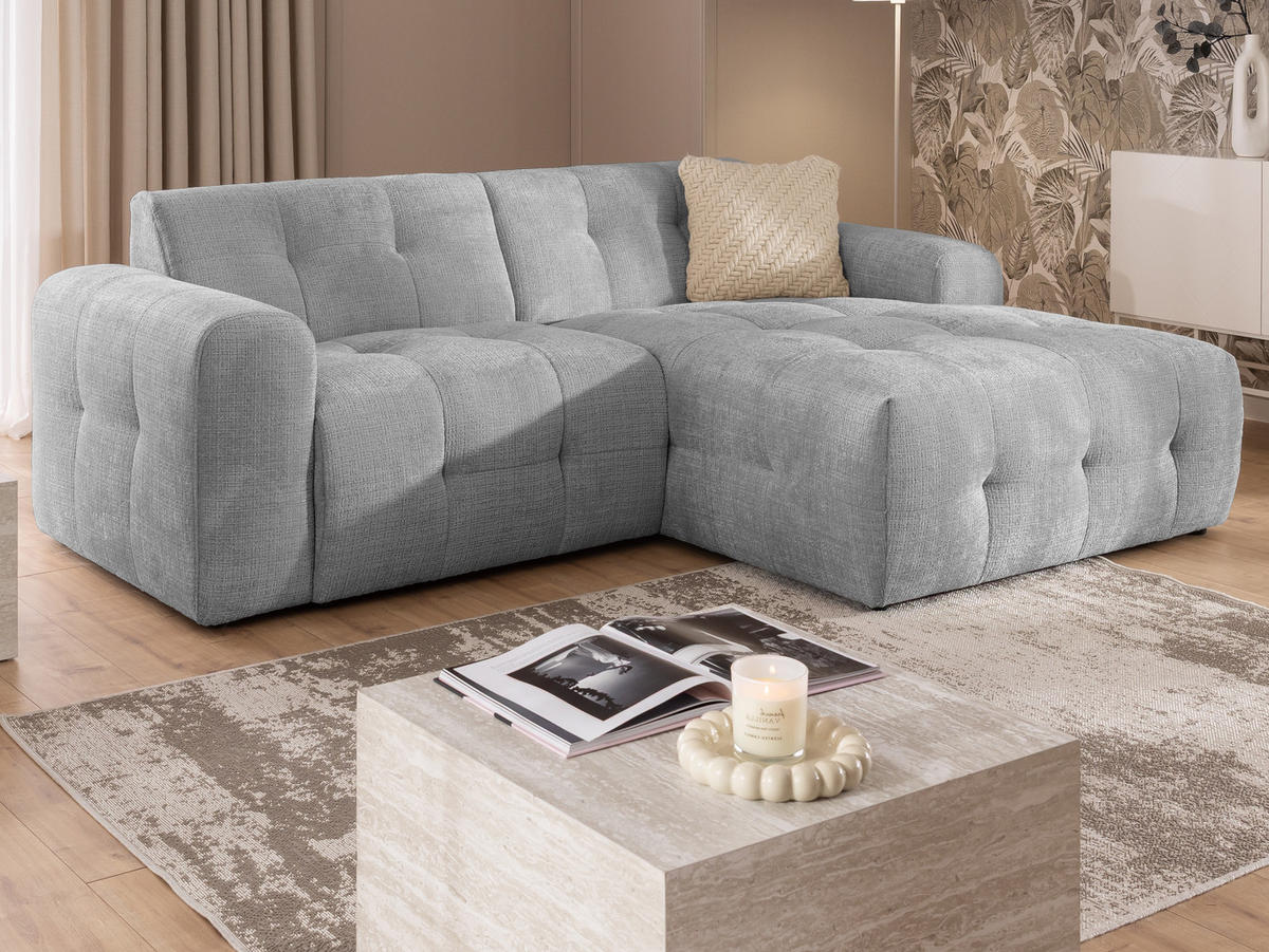 ECKSOFA Kozy im Bumpy-Design mit fester Rückenlehne aus weichem Hellgrau Chenille-Stoff - Ottomane rechts - Hellgrau/Schwarz, Holz/Kunststoff (234/161cm) - S-Style Möbel