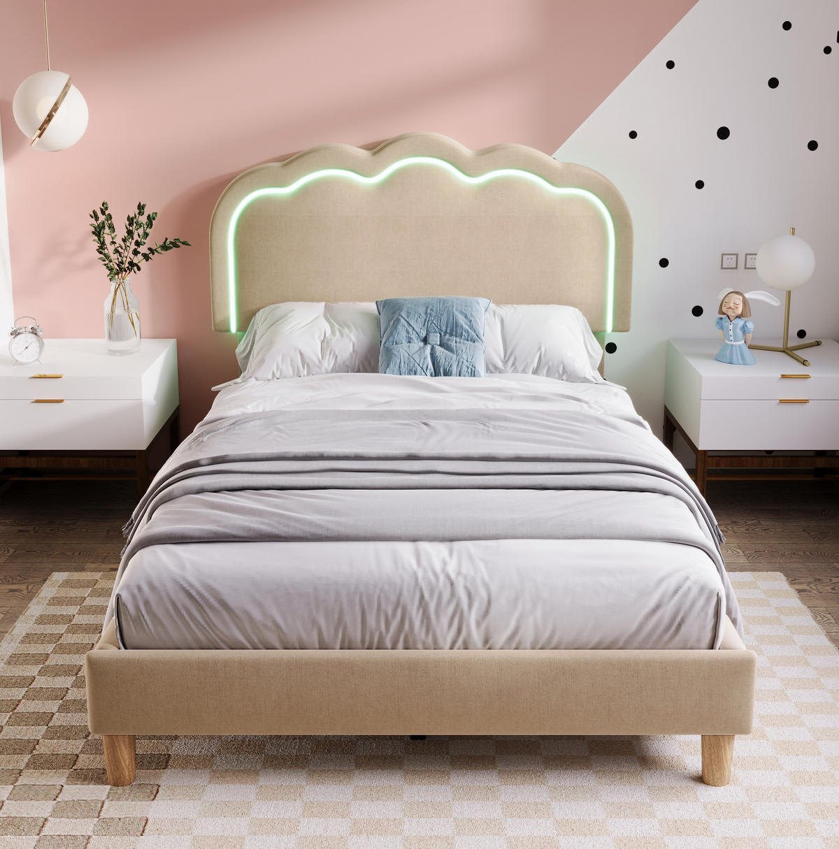 POLSTERBETT mit LED-Beleuchtung 90/190 cm in Beige mit verstellbarem Kopfteil - Beige, Textil (90/200cm) - BEAOK