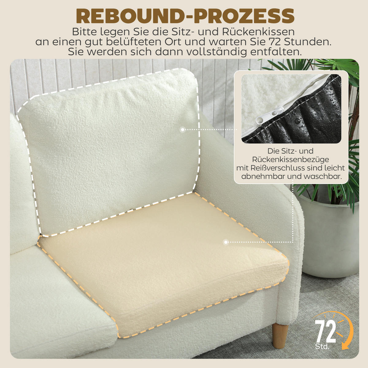 SOFA Polyester Eukalyptusholz Cremeweiß - Eukalyptusholzfarben/Creme, Holz/Textil (69/82/137cm) - HOMCOM