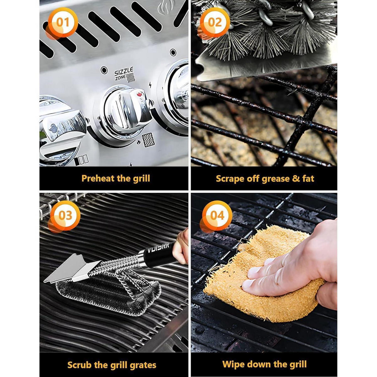 GRILLBÜRSTE mit Schaber und langem Griff - Schwarz, Metall (8.5/45.7/43cm)