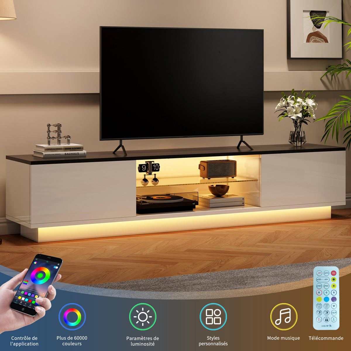 TV Lowboard LED 140x32x30 cm, Türen, 16 Farben, Weiß Schwarz - Weiß, Holz (140/30/32cm)