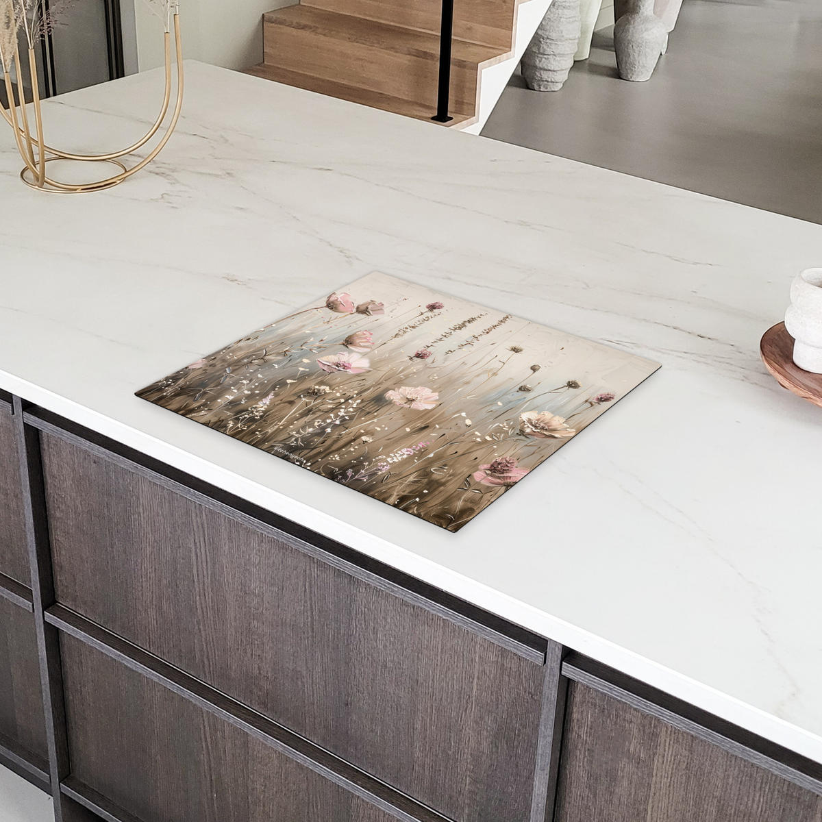 HERDABDECKPLATTE Blumen - Beige - Trockenblumen 60x52 cm - Beige, Kunststoff (60/52/0.2cm) - MuchoWow