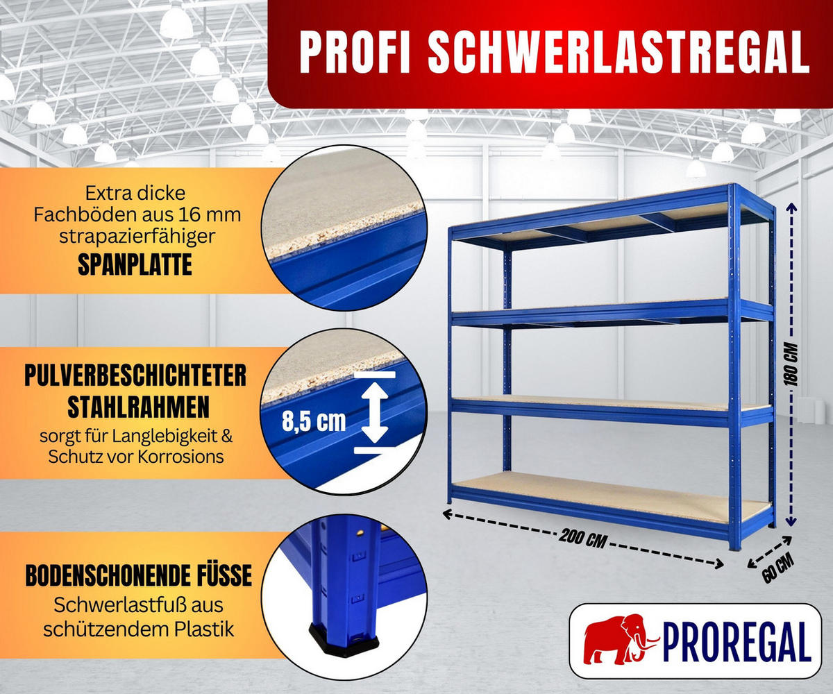 SCHWERLASTREGAL Dino 180x200x60cm Spanplatten-Ebenen Blau - Blau, Metall (200/180/60cm) - PROREGAL