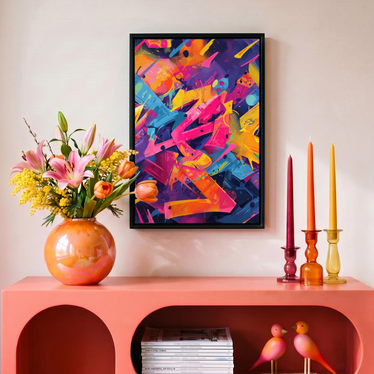 LEINWAND Bilder mit Rahmen - Abstrakt - Formen - Farbenfroh - 20x30 - Magenta, Textil (20/30cm) - MuchoWow