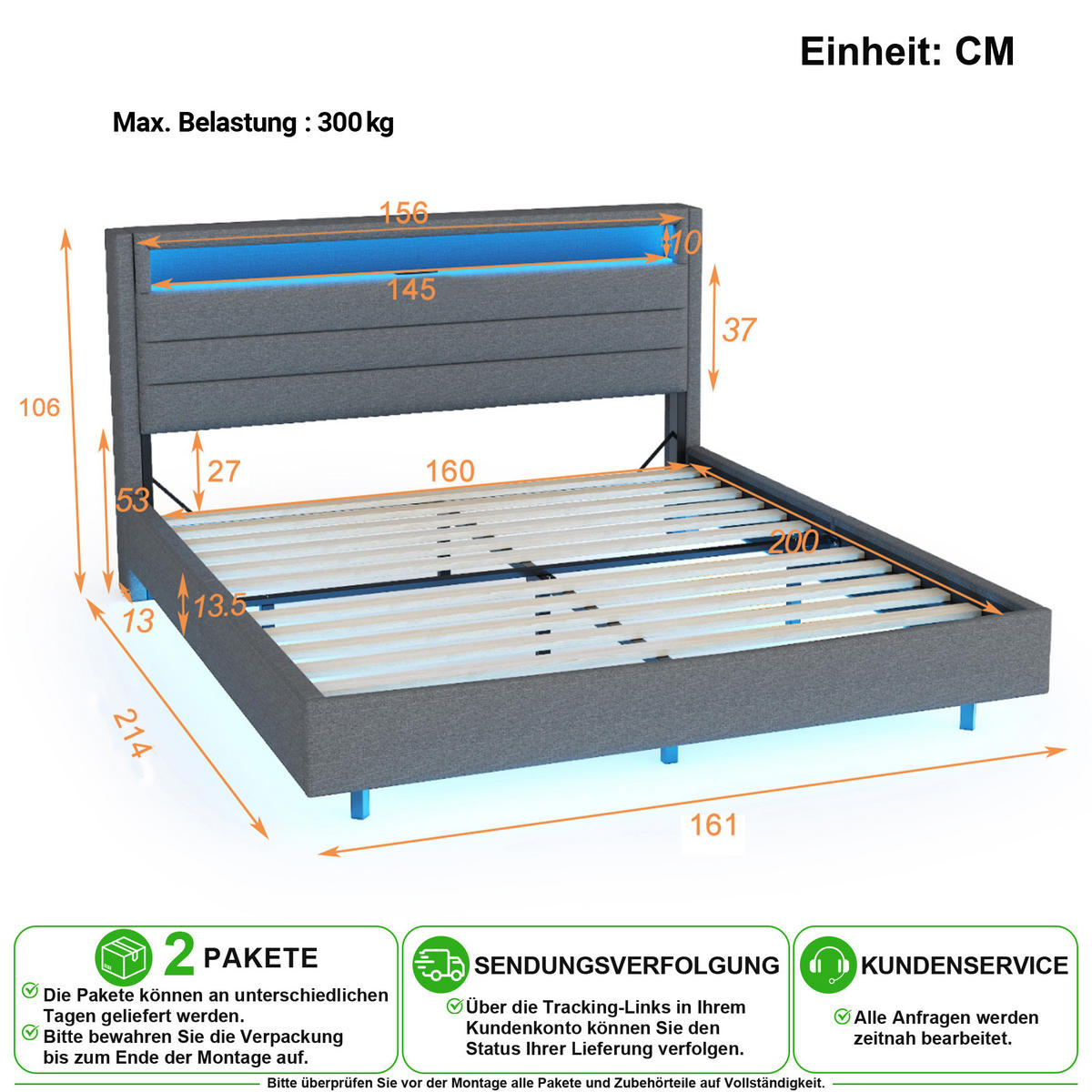 ČALOUNĚNÁ POSTEL 160/200 cm v šedé barvě s LED osvětlením a USB - šedá, kov/kompozitní dřevo (160/200cm) - CHICFURN