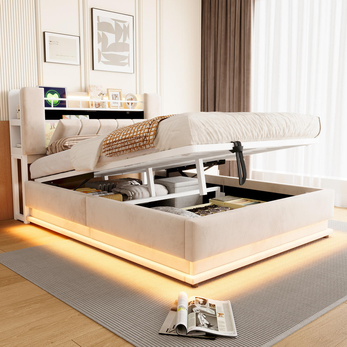 STAURAUMBETT 140/200 cm mit LED und Stauraum, DE-02116, in Beige - Beige, Metall (140/200cm) - ComfortXL