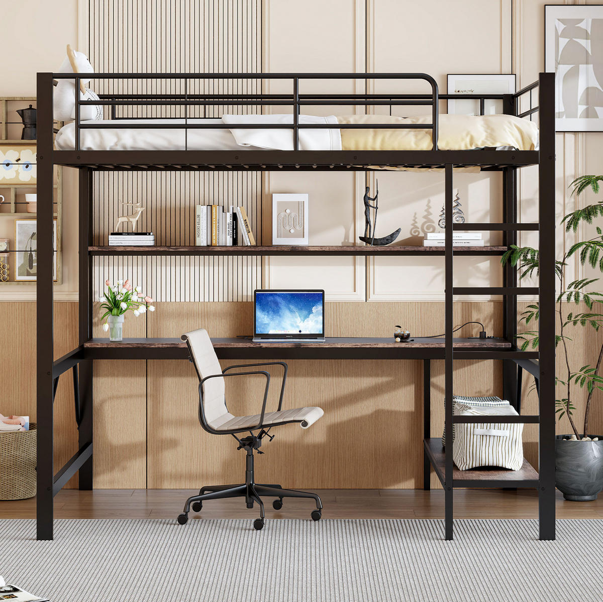HOCHBETT 140/200 cm Schwarz aus Metall mit Schreibtisch - Schwarz, Metall (140/200cm) - OKMYHOME