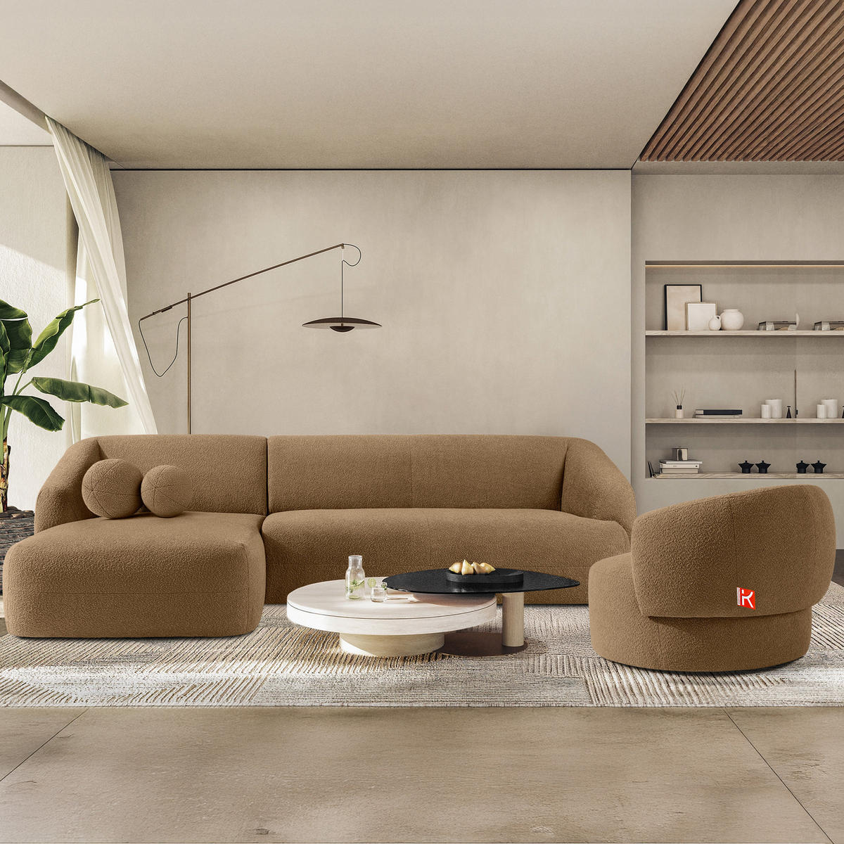 ECKSOFA LINKS VIRA, Dunkelbeige, Bouclé - Schwarz/Braun, Holz/Holzwerkstoff (300/160cm) - KONSIMO®