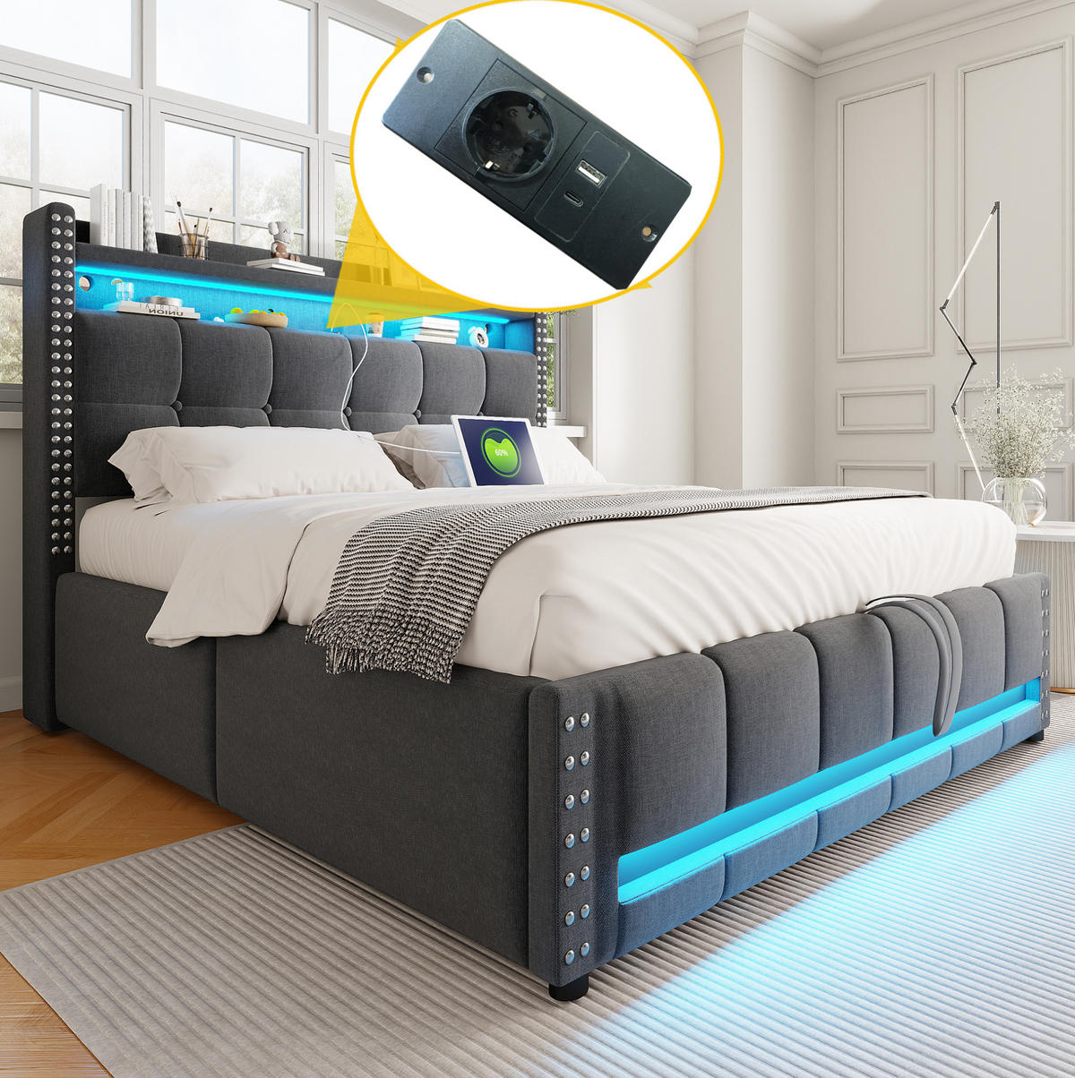 POLSTERBETT 160/200 cm Grau mit LED-Beleuchtung und USB-Steckdose - Grau, Textil (160/200cm) - OKWISH