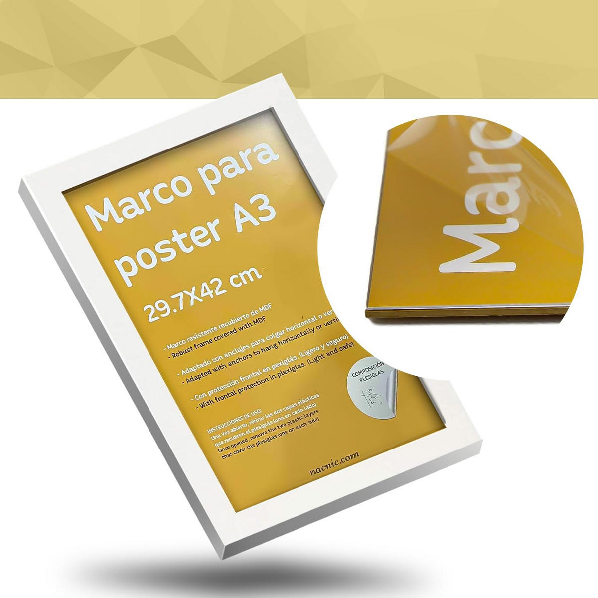 RAHMEN Set mit 4 aus MDF und Acrylglas Schutz und Aussteller für Fotografien, Bilder, Poster, Gemälde, Dekoration für Haus Farbe Weiß A3 - Weiß, Holz (29.7/3/42cm) - Nacnic