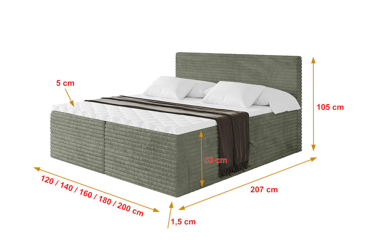 BOXBETT mit Matratze H3 und Lattenrost - TOLO-v1 - 200x200 Cord - Olive - Olivgrün, Holzwerkstoff (200/200cm)