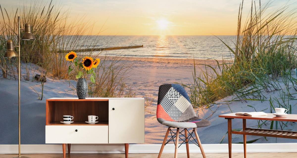 FOTOTAPETE Strand Meer Sonnenuntergang Landschaft 3D 360x240cm - Blau/Beige, Papier (360/240cm) - Muralo
