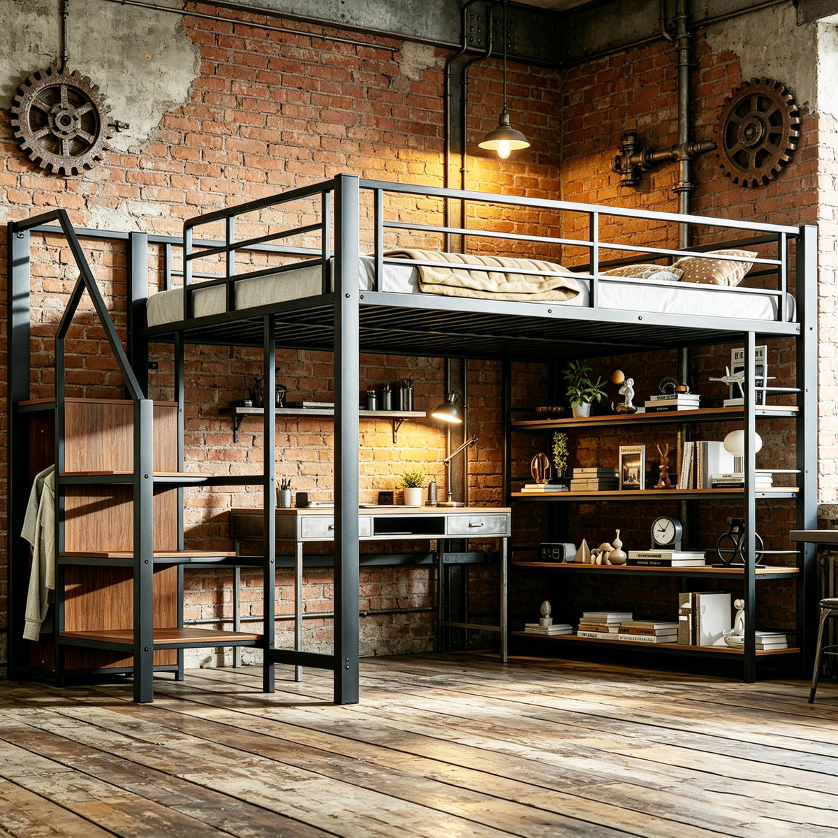 HOCHBETT 140/200 cm aus Metall mit Stauraumtreppe und Kleiderschrank, Schwarz - Schwarz, Metall (140/200cm) - OKMYHOME